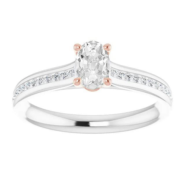 Oval Old Cut Genuine Diamond Ring Two Tone Prong Channel Set 4.40 Carats