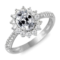Oval Old Cut Halo Real Natural Earth Mined Diamond Wedding Ring Flower Style 9 Carats Gold