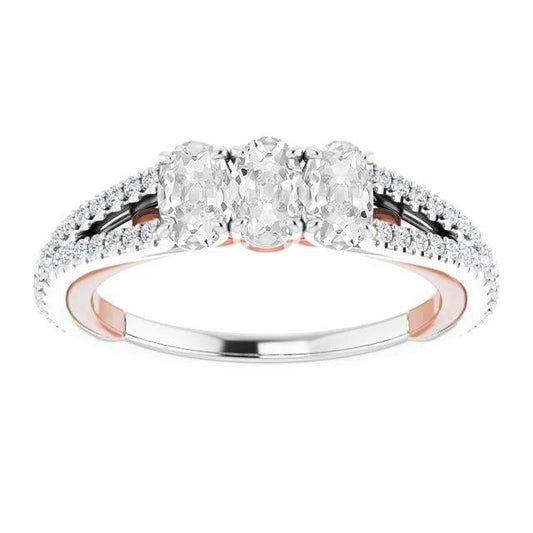 Oval Old Cut Natural Diamond Ring Prong Set 7.50 Carats Split Shank Two Tone