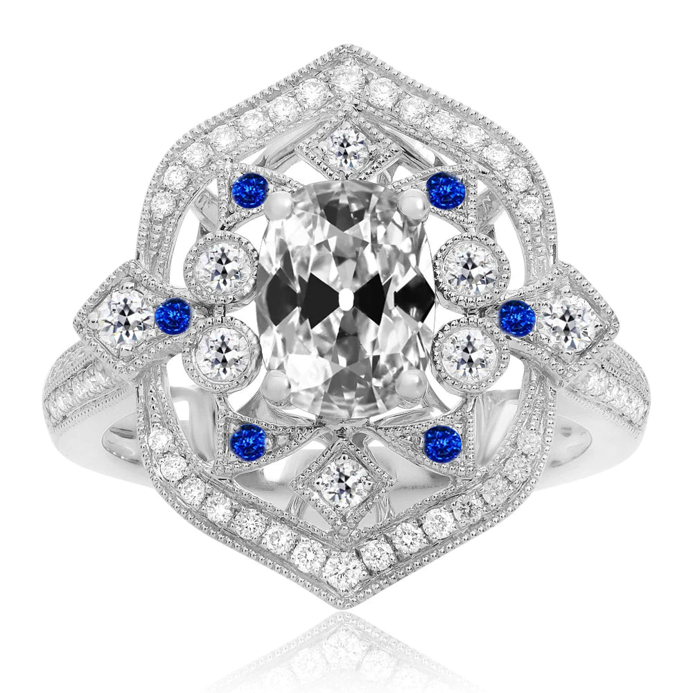 Oval Old Cut Real Diamond & Blue Sapphire Halo Ring Vintage Style 7 Carats