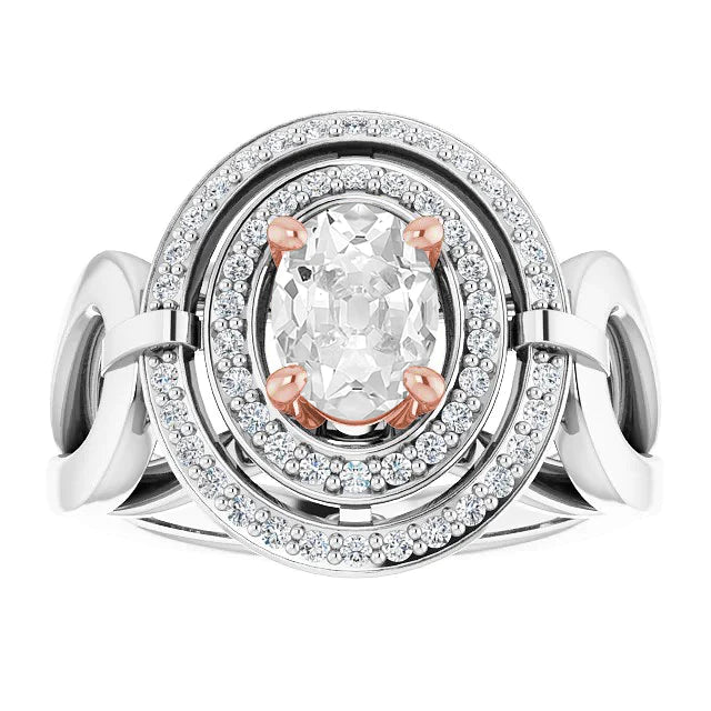 Oval Old Cut Real Diamond Double Halo Ring Prong Set 4.50 Carats Two Tone
