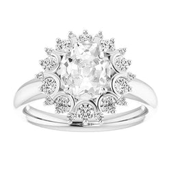 Oval Old Cut Real Diamond Halo Ring Floral Style 14K White Gold 6.50 Carats