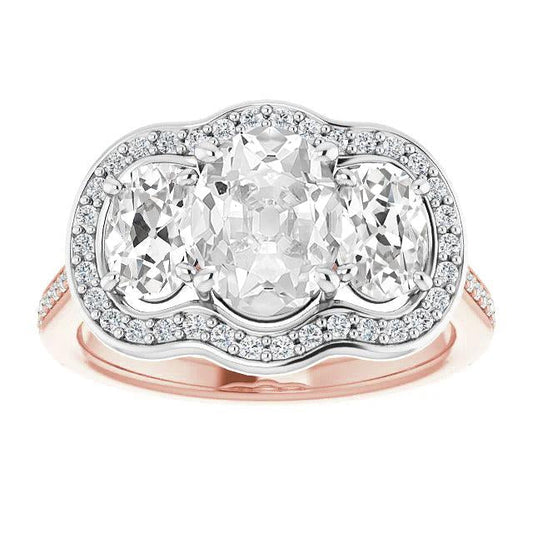 Oval Old Cut Real Diamond Halo Ring Two Tone Prong Set 12 Carats