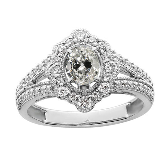 Oval Old Cut Real Diamond Ring Flower Vintage Style Split Shank 4 Carats