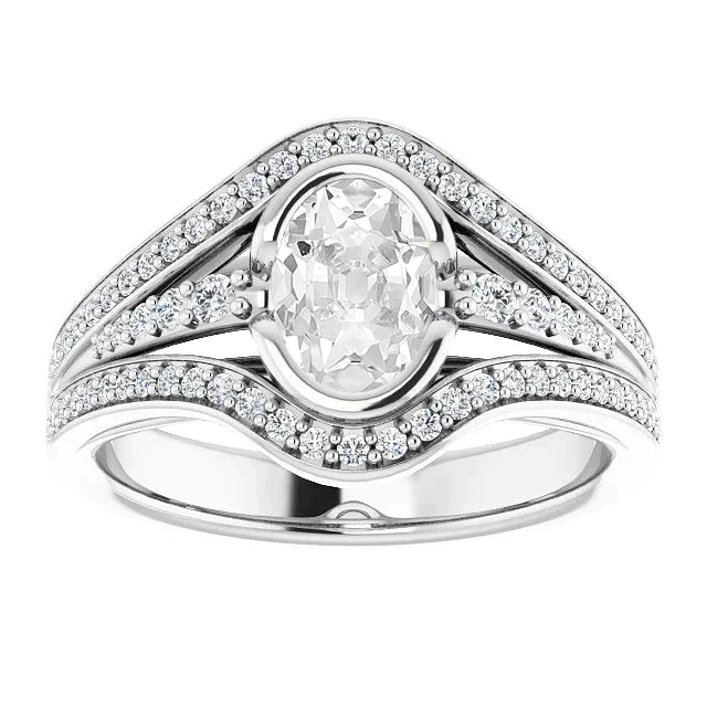 Oval Old Cut Real Diamond Ring Half Bezel Set Triple Split Shank 5 Carats