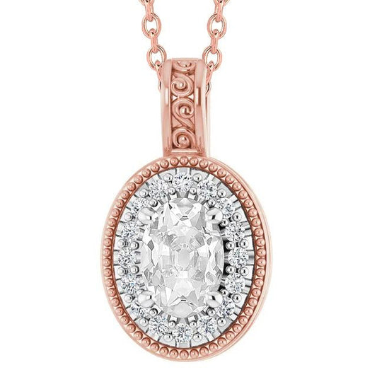 Oval Old Mine Cut Halo Genuine Diamond Pendant 4.50 Carats Two Tone Gold 14K