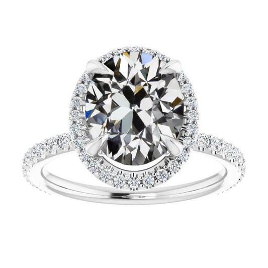 Oval Old Mine Cut Natural Diamond Halo Ring 4 Prong Set 8 Carats