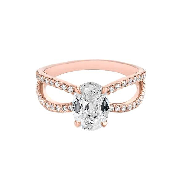 Oval Old Mine Cut Natural Diamond Ring Double Shank 3.90 Carats Rose Gold 14K