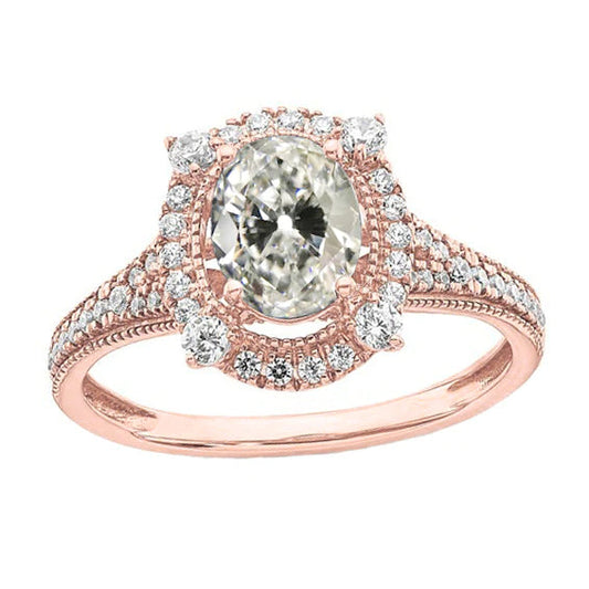 Oval Old Mine Cut Real Diamond Halo Wedding Ring Rose Gold 5.25 Carats