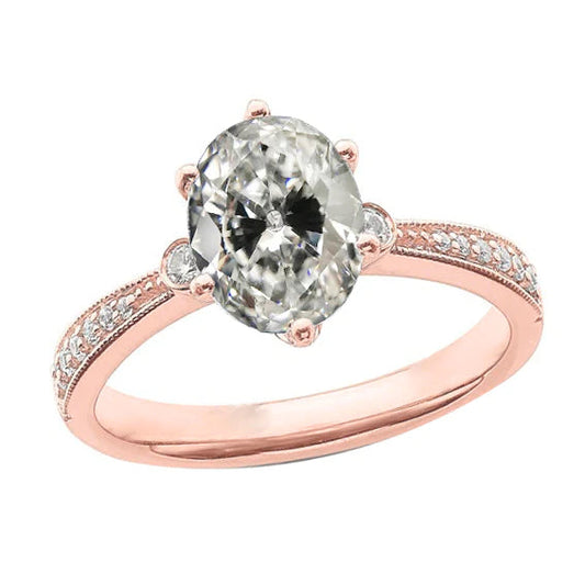 Oval Old Mine Cut Real Diamond Ring 6 Prong Tapered Shank 4.50 Carats