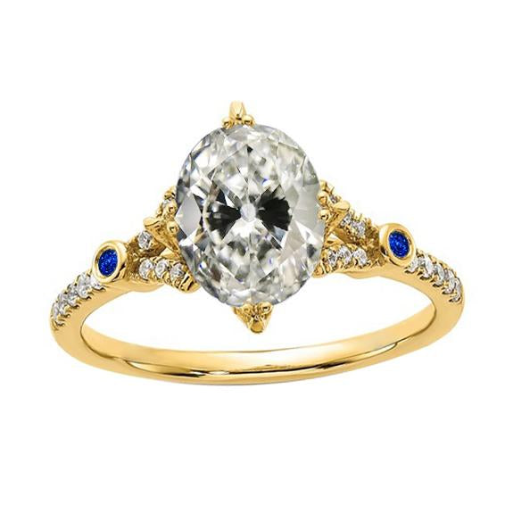 Oval Old Mine Cut Real Natural Earth Mined Diamond & Round Ceylon Sapphires Ring 5 Carats