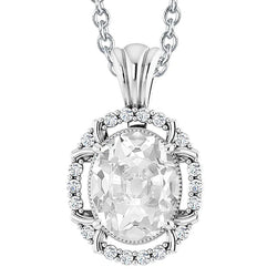 Oval Old Miner & Round Natural Earth Mined Diamond Pendant 7 Carats Slide Chain Milgrain