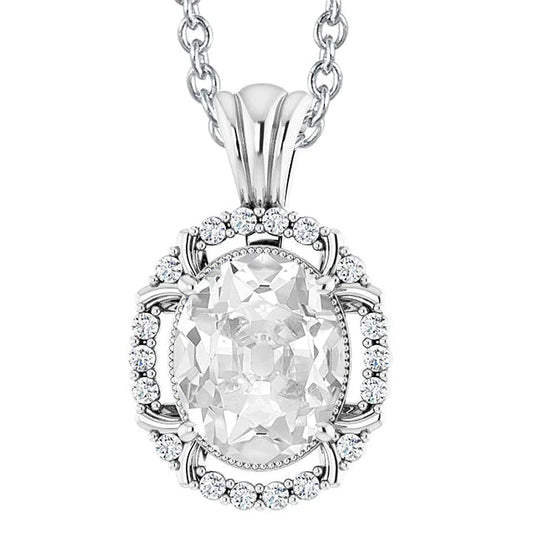 Oval Old Miner & Round Natural Diamond Pendant 7 Carats Slide Chain Milgrain