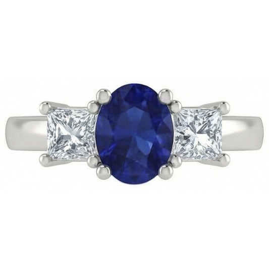 Oval Princess Cut 2.25 Ct Ceylon Sapphire Natural Earth Mined Diamonds Ring White Gold 14K
