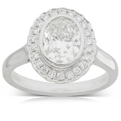 Oval Real Diamond Engagement Halo Ring 2.90 Carats Bezel Set White Gold