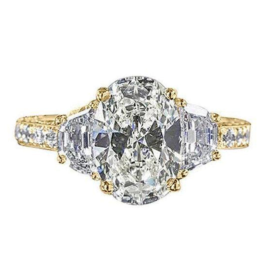 Oval Real Diamond Engagement Ring 3 Stone Style Yellow Gold 4.51 Carats