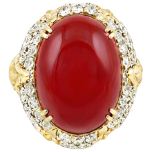 Oval Red Coral With Natural Earth Mined Diamonds 11.20 Ct Wedding Ring 14K Yellow Gold 14K