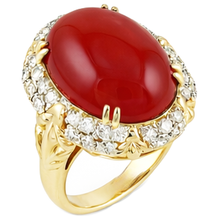 Oval Red Coral With Natural Earth Mined Diamonds 11.20 Ct Wedding Ring 14K Yellow Gold 14K