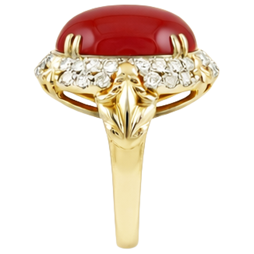 Oval Red Coral With Natural Earth Mined Diamonds 11.20 Ct Wedding Ring 14K Yellow Gold 14K