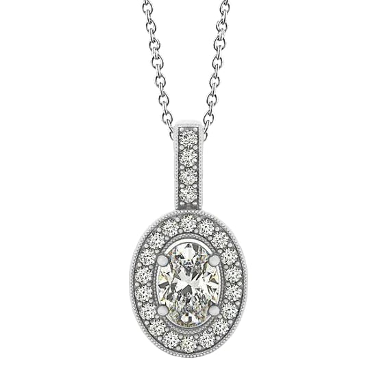 Oval & Round Real Diamond Pendant Necklace 1.50 Carats Without Chain WG 14K