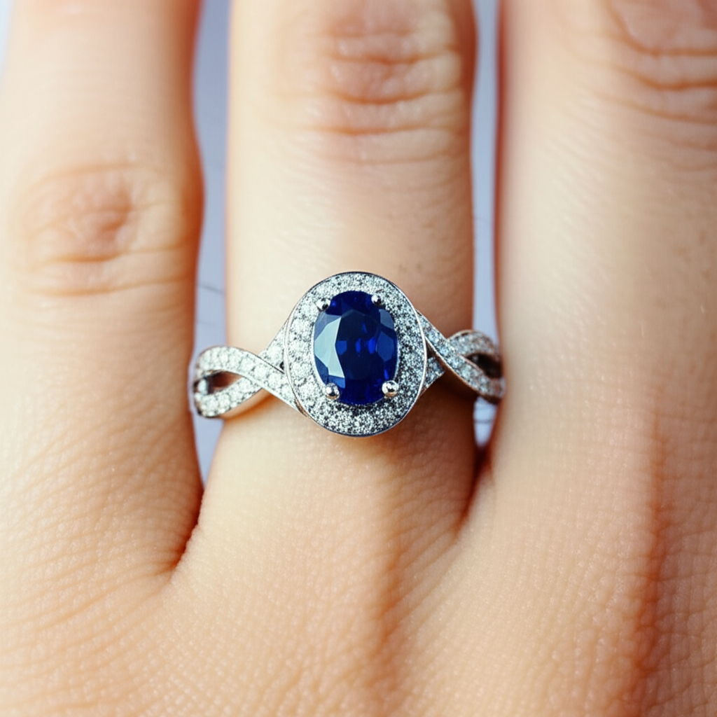 Oval Safir Sri Lanka Halo Ring