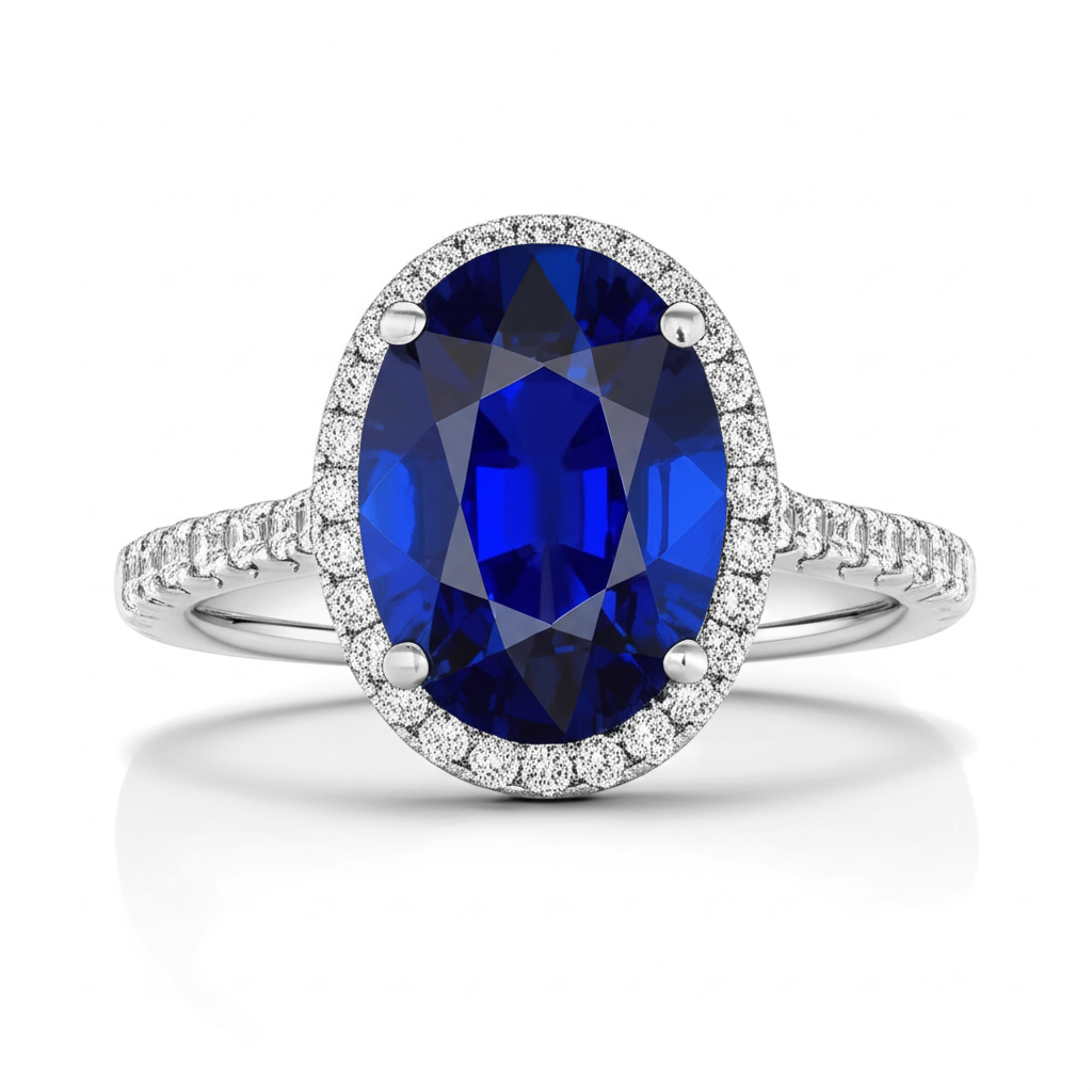 Oval Sapphire Engagement Ring With Natural Earth Mined Diamond Halo
