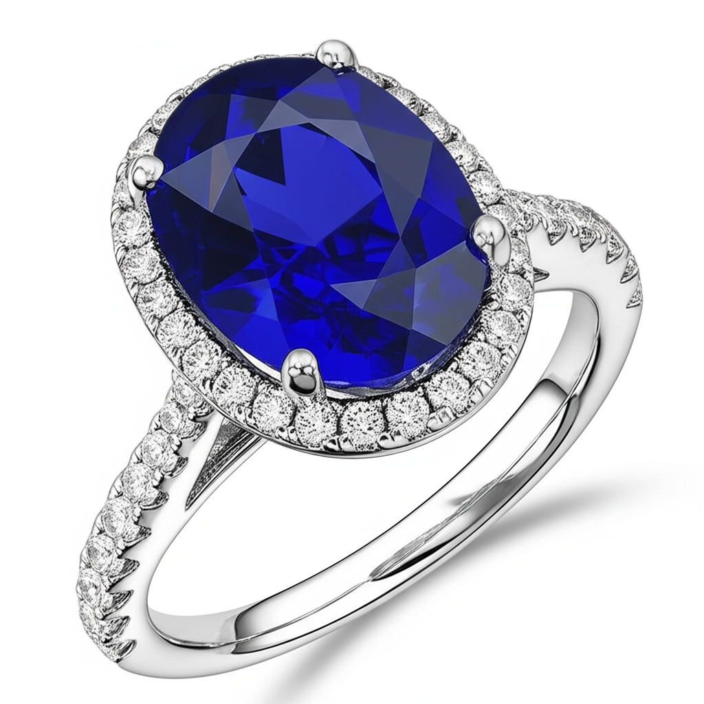 Oval Sapphire Engagement Ring With Natural Earth Mined Diamond Halo