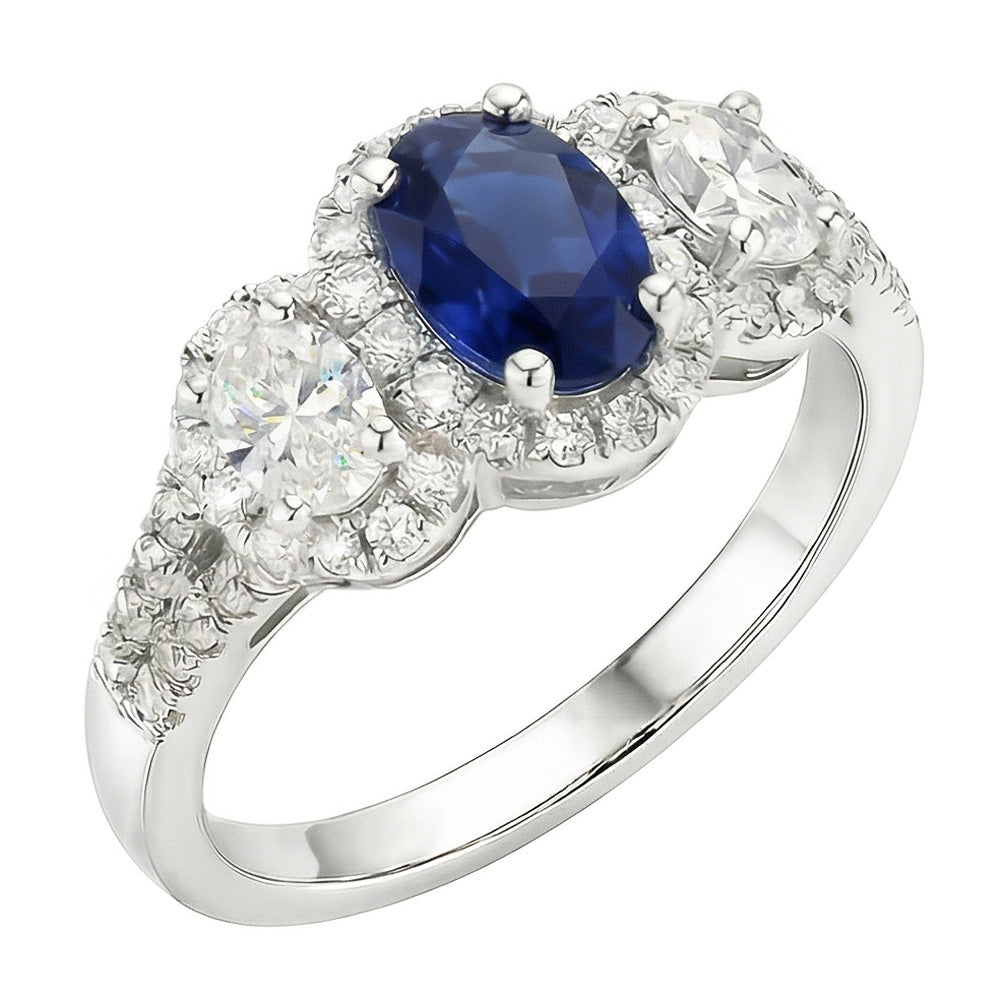 Oval Sapphire Halo Ring 3 Stone Style 3.50 Carats Split Shank Natural Earth Mined Diamonds
