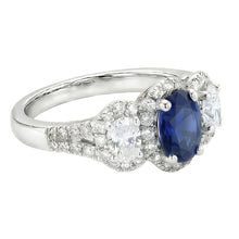 Oval Sapphire Halo Ring 3 Stone Style 3.50 Carats Split Shank Natural Earth Mined Diamonds