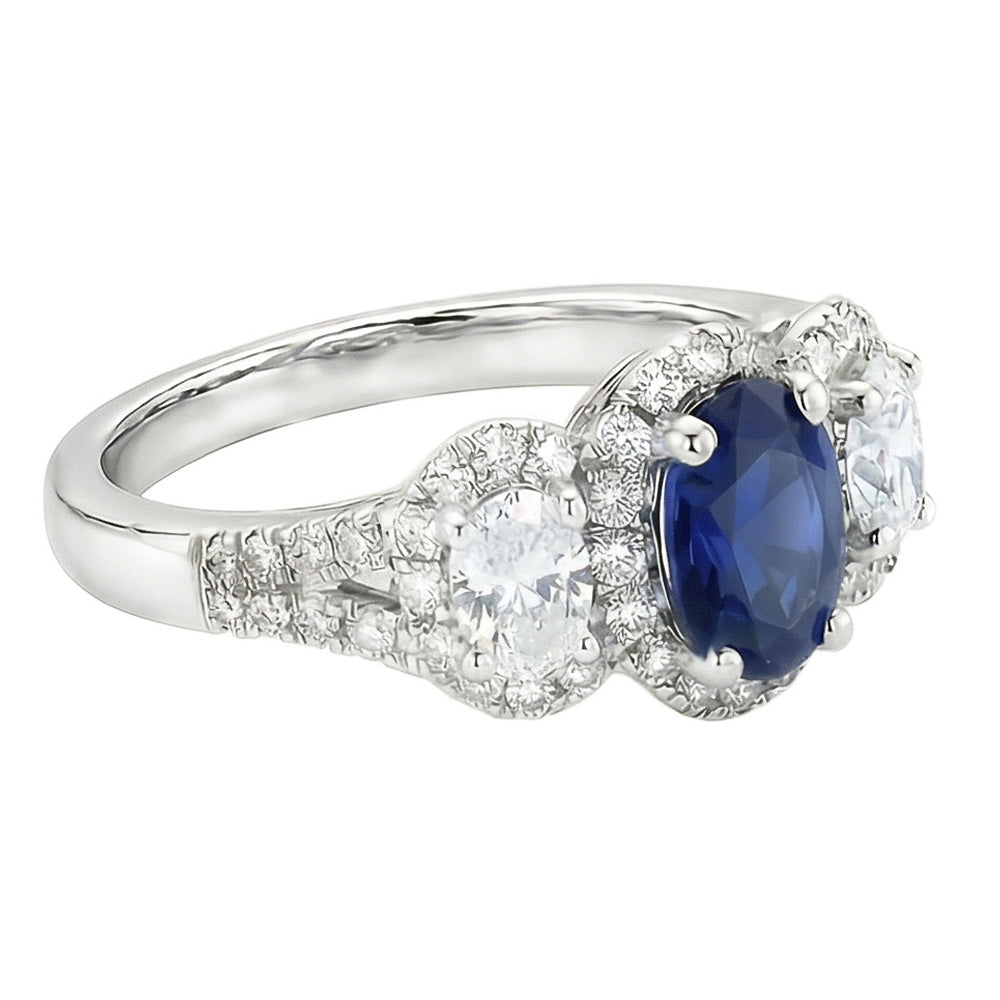Oval Sapphire Halo Ring 3 Stone Style 3.50 Carats Split Shank Natural Earth Mined Diamonds