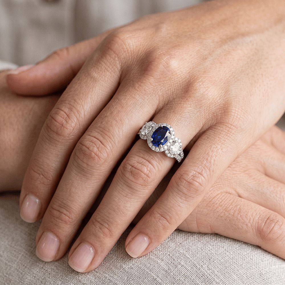 Oval Sapphire Halo Ring 3 Stone Style 3.50 Carats Split Shank Natural Earth Mined Diamonds