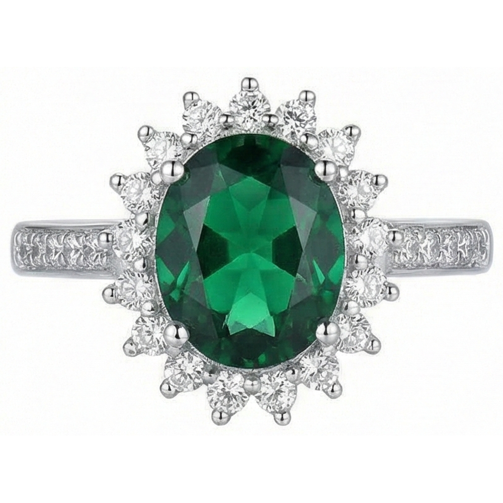 Oval Shape Green Emerald And Natural Earth Mined Diamond Ring White Gold 14K 5.75 Ct