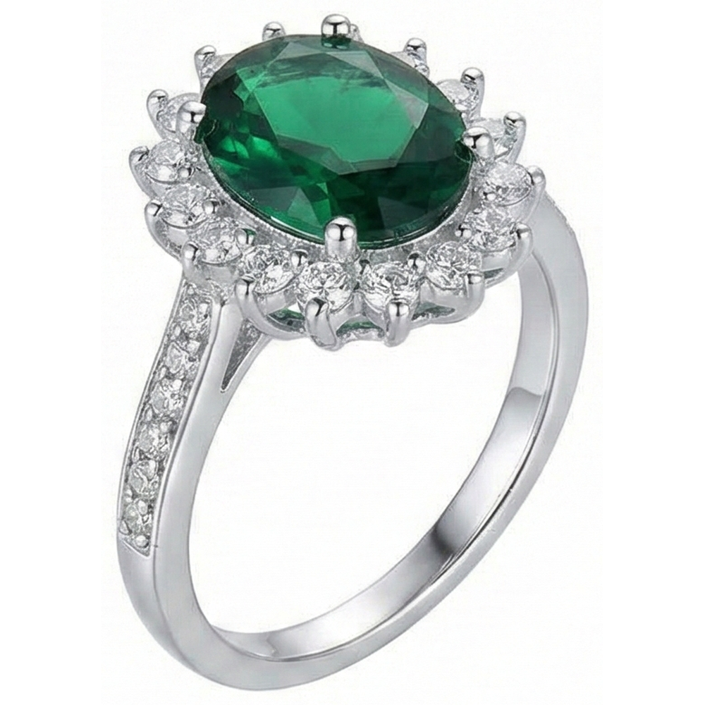 Oval Shape Green Emerald And Natural Earth Mined Diamond Ring White Gold 14K 5.75 Ct