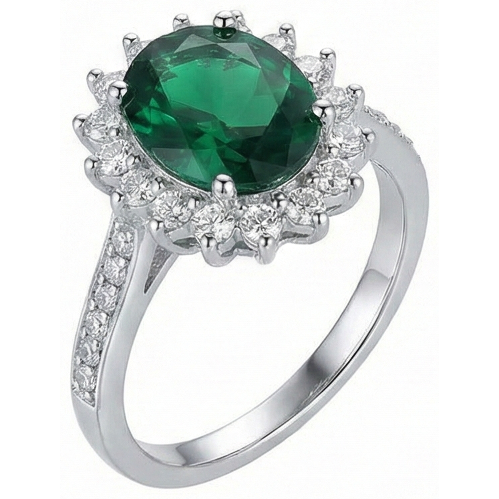 Oval Shape Green Emerald And Natural Earth Mined Diamond Ring White Gold 14K 5.75 Ct