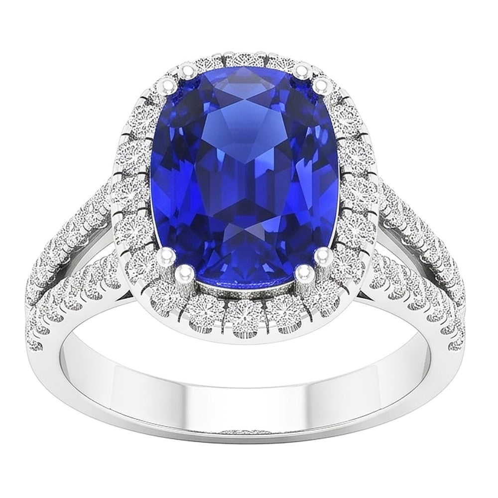 Oval Shaped Halo Blue Sapphire Ring Split Shank Natural Earth Mined Diamond 5 Carats