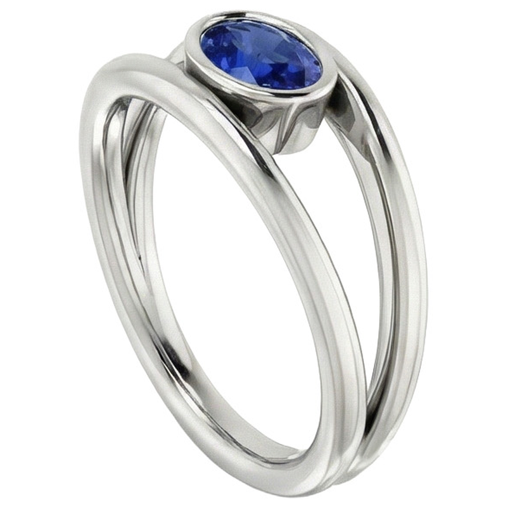 Oval Solitaire 2 Carat Ring Bezel Set Blue Ceylon Sapphire Gold 14K