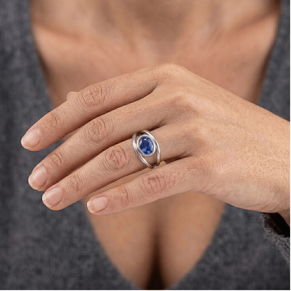 Oval Solitaire 2 Carat Ring Bezel Set Blue Ceylon Sapphire Gold 14K