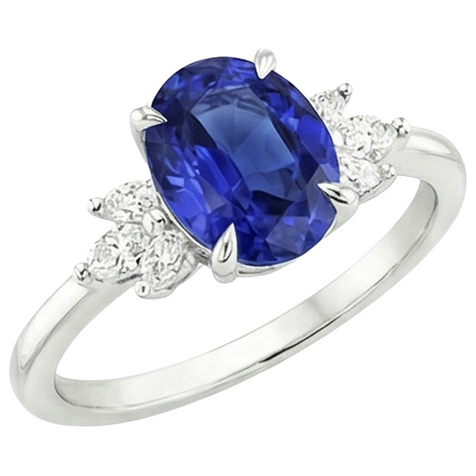 Oval Solitaire Blue Sapphire Ring With Pear Side Stones 4.50 Carats