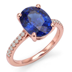 Oval Solitaire Blue Sapphire Ring & Pave Set Natural Earth Mined Diamonds 4.50 Carats
