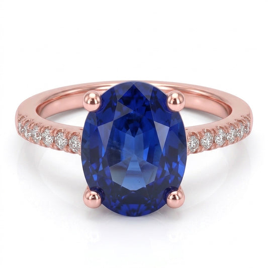 Oval Solitaire Blue Sapphire Ring & Pave Set Natural Earth Mined Diamonds 4.50 Carats