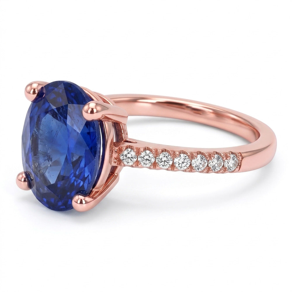 Oval Solitaire Blue Sapphire Ring & Pave Set Natural Earth Mined Diamonds 4.50 Carats