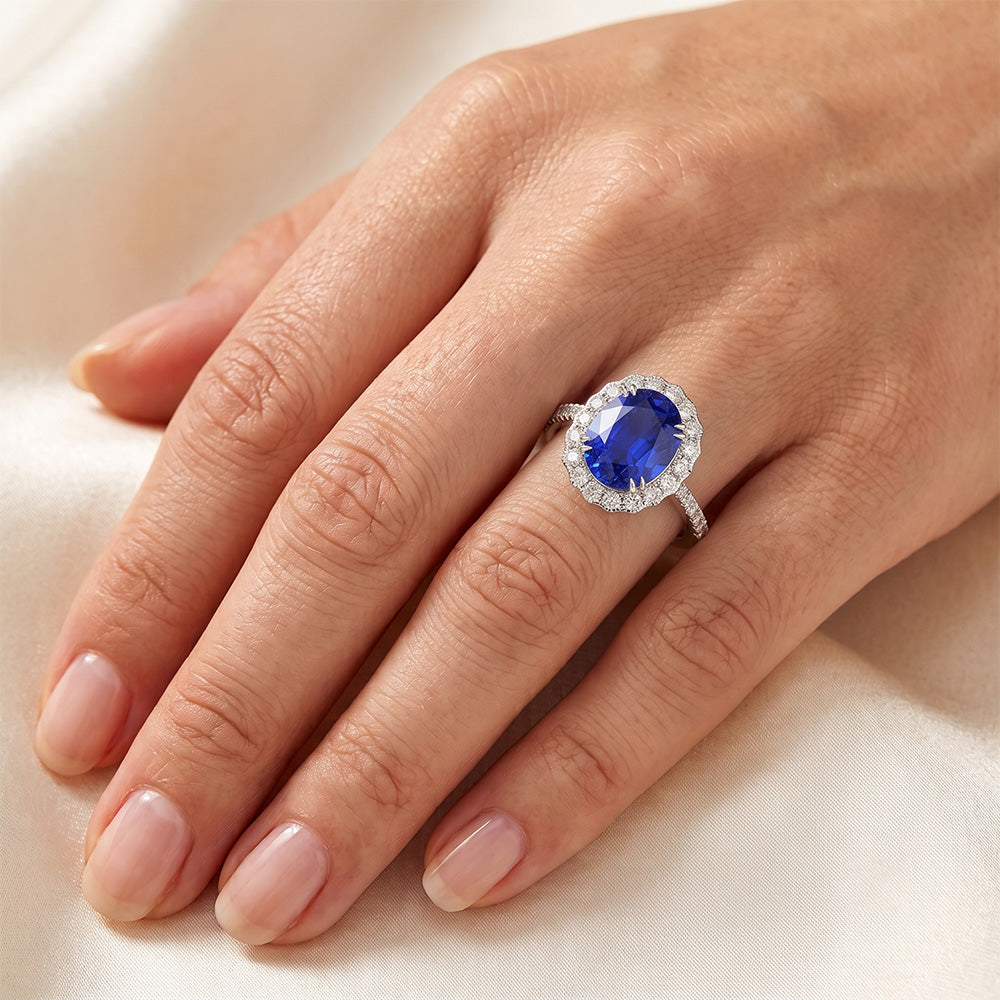 Oval Sri Lankan Sapphire Natural Earth Mined DIAMOND ( NOT LAB GROWN )s 4.30 Ct Ring White Gold 14K