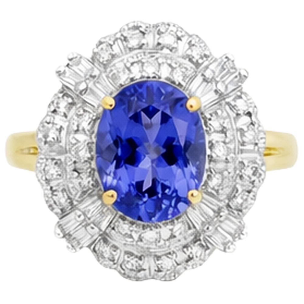 Oval Tanzanite And Baguette Natural Earth Mined DIAMOND ( NOT LAB GROWN )s Gold Ring 8 Carats New