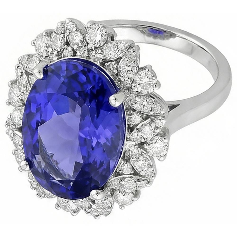 Oval Tanzanite And Natural Earth Mined Diamonds 7 Carats Ring White Gold 14K