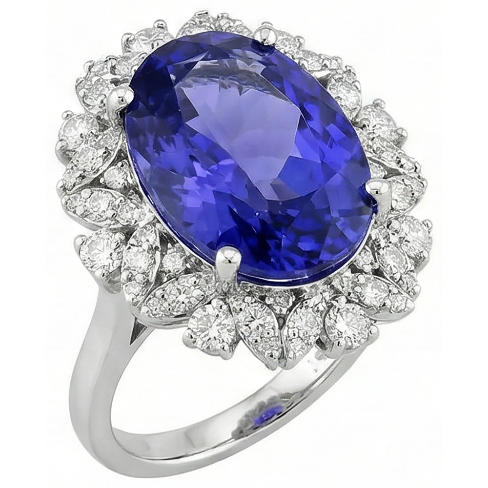 Oval Tanzanite And Natural Earth Mined Diamonds 7 Carats Ring White Gold 14K