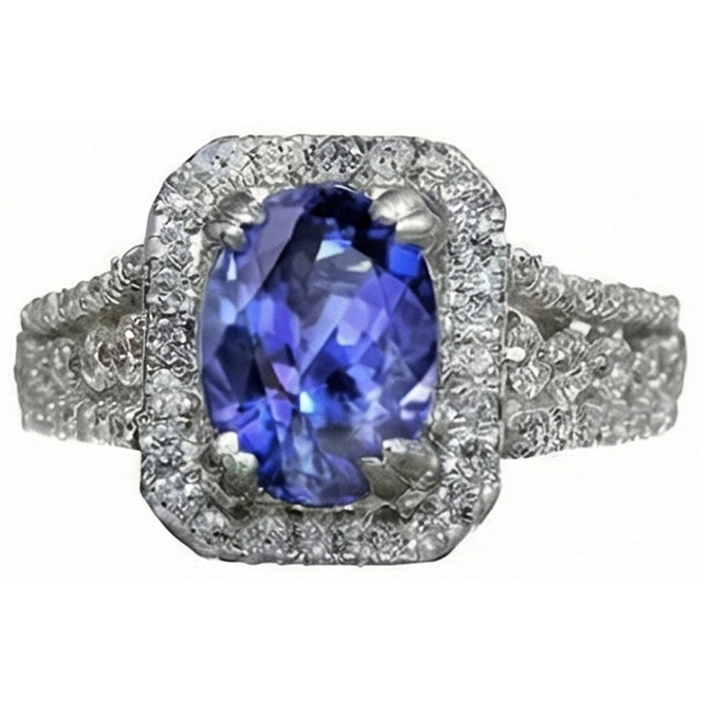 Oval Tanzanite And Round Pave Natural Earth Mined DIAMOND ( NOT LAB GROWN )s 5.70 Carat Ring WG 14K