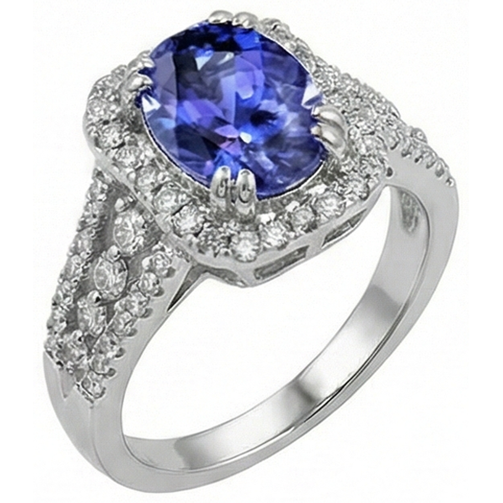 Oval Tanzanite And Round Pave Natural Earth Mined DIAMOND ( NOT LAB GROWN )s 5.70 Carat Ring WG 14K