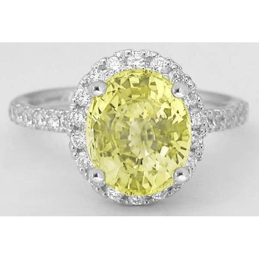 Oval Yellow Sapphire And Round Diamond Ring White Gold 3.5 Ct.