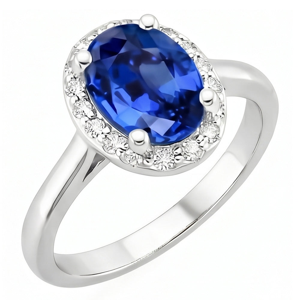 Oval & Round Cut Ceylon Sapphire With Natural Earth Mined DIAMOND ( NOT LAB GROWN ) Ring 2.80 Carat WG 14K