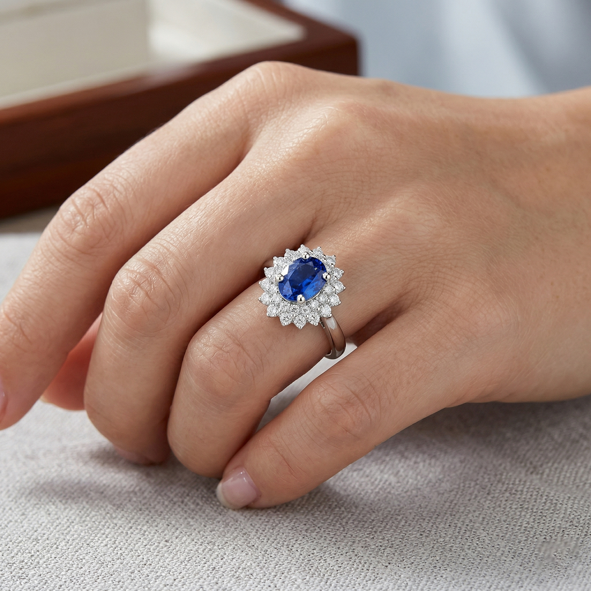 Oval And Round Cut 4 Ct Sri Lanka Sapphire Natural Earth Mined DIAMOND ( NOT LAB GROWN )s Halo Ring